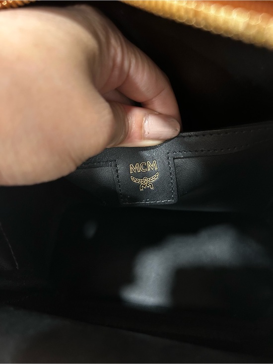 Authentic MCM Cognac Logo Gold Studded Mini Backpack Visetos